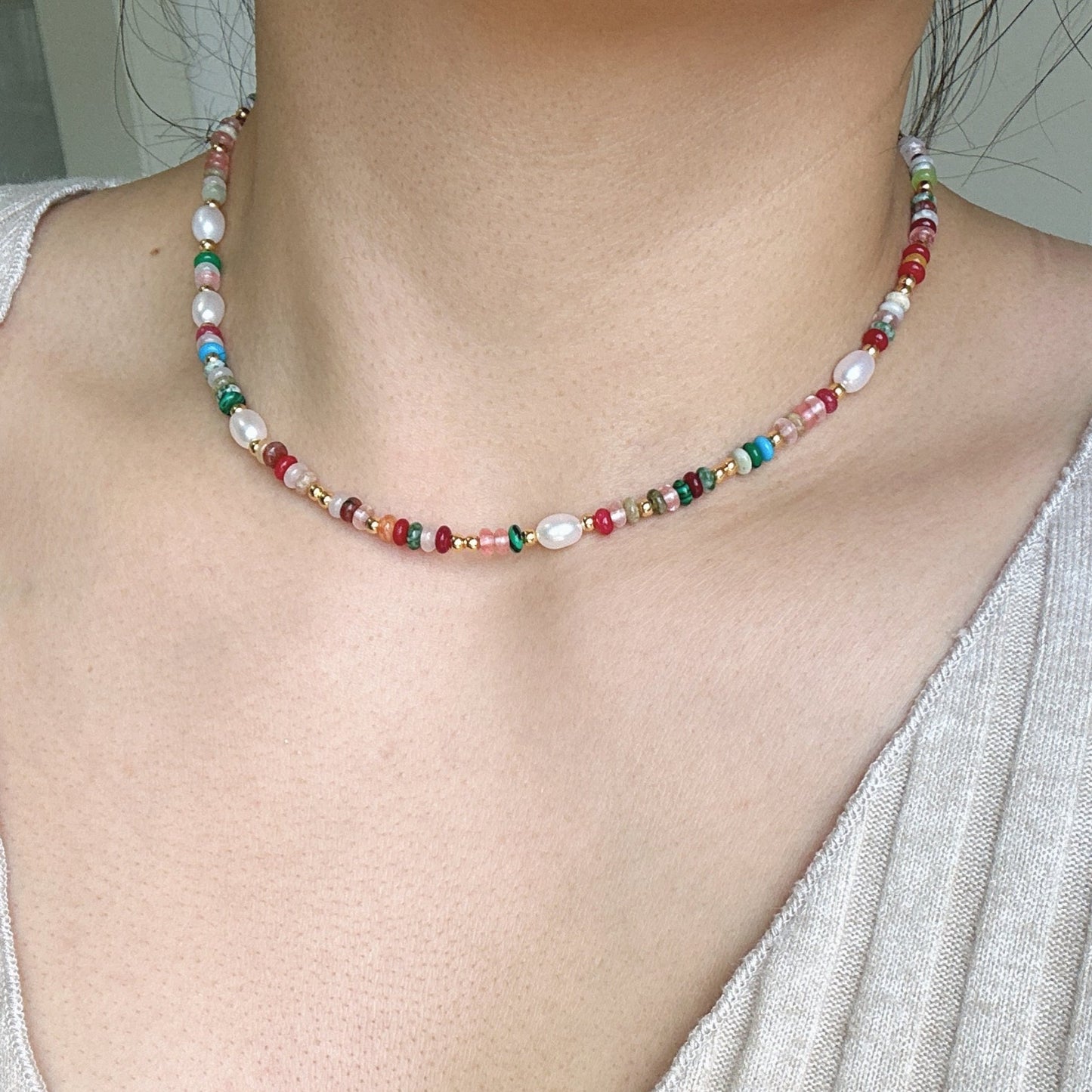 Bohemian Gemstone and Freshwater Pearl Necklace