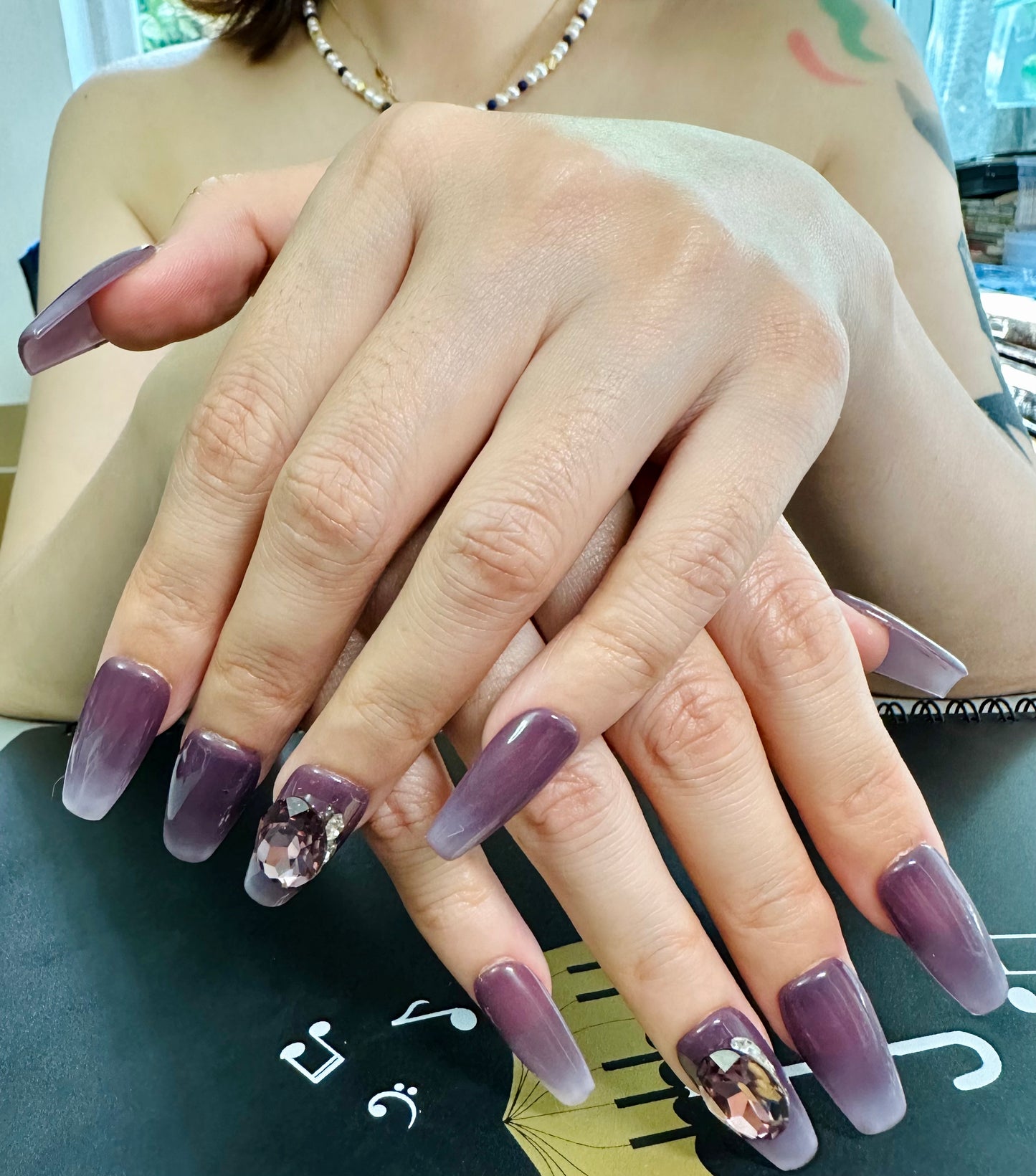 Dark Purple Charm Mid-Stiletto Nails Handmade Press-On Set | Deep Purple Monochromatic Design with Sparkling Diamonds