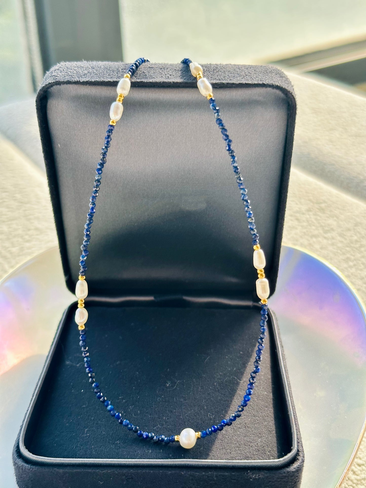 DivineGems 18K Gold Serenade of Lapis Lazuli and Freshwater Pearls Necklace