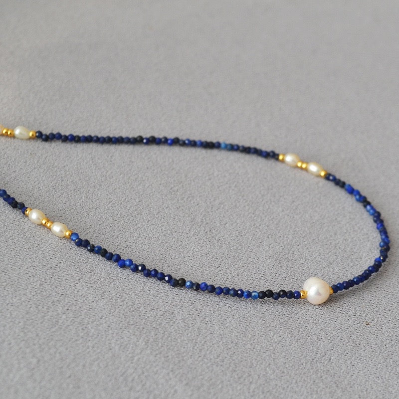 DivineGems 18K Gold Serenade of Lapis Lazuli and Freshwater Pearls Necklace