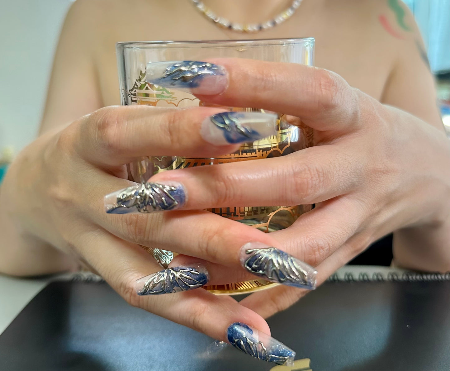 Dreams of the Starry Sky Handmade Mid-Trapezoid Press-On Nails | Sky Blue and Silver Celestial Elegance