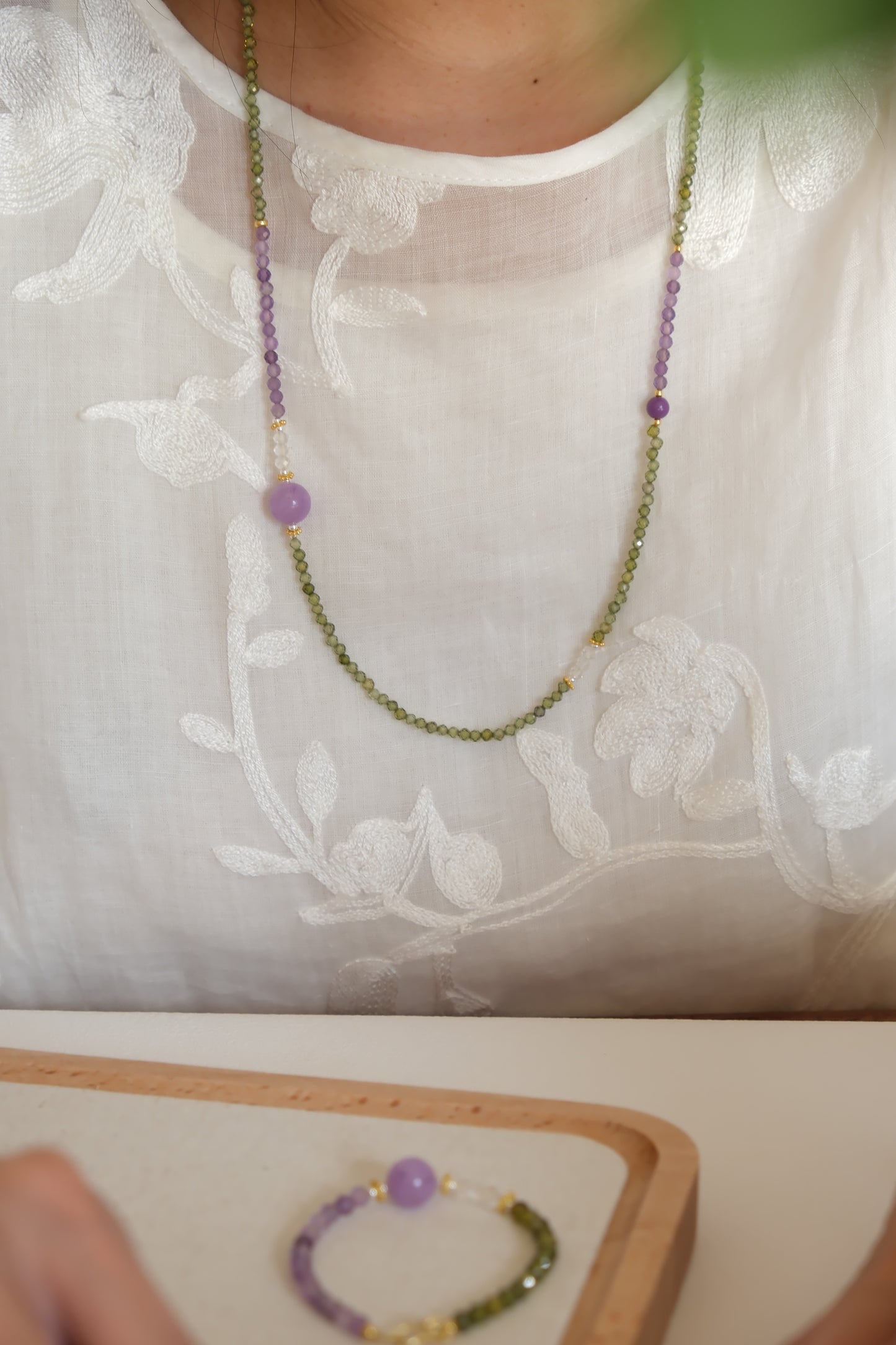 Amethyst & Green Crystal Long Necklace – Calm, Renewal & Clarity