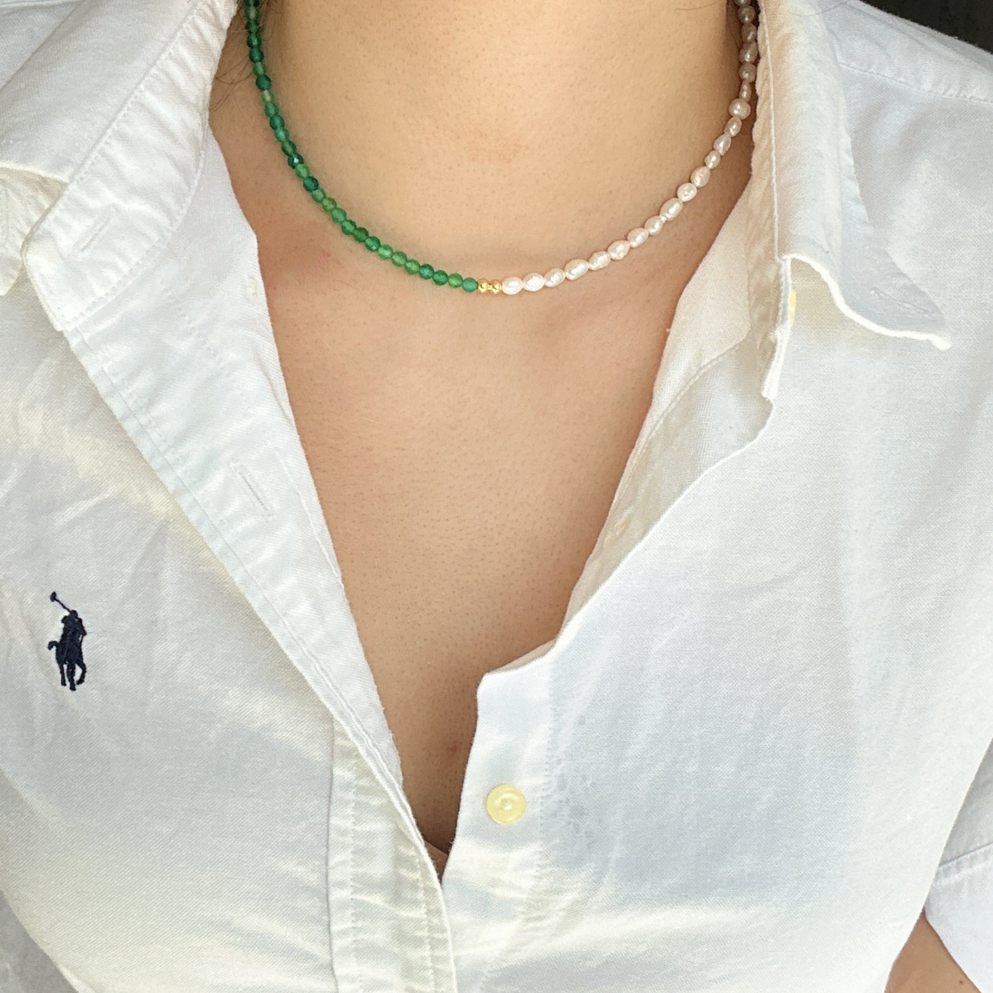 Green Agate and Gold Freshwater Pearl Necklace