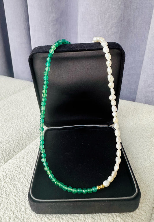 Green Agate and Gold Freshwater Pearl Necklace