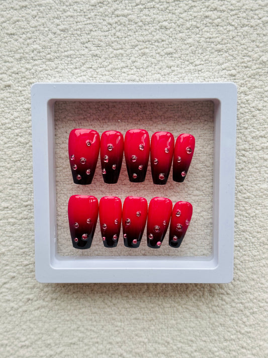 Uñas postizas trapezoidales de degradado negro y rojo | Uñas postizas de degradado de rojo rosa a negro hechas a mano con diamantes