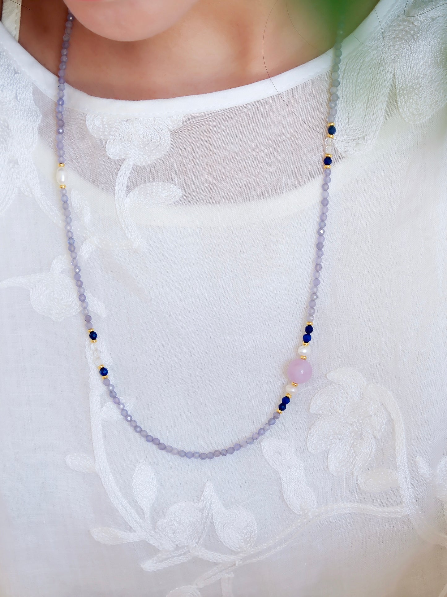 Tanzanite & Blue Crystal Pearl Long Necklace – Oceanic Elegance